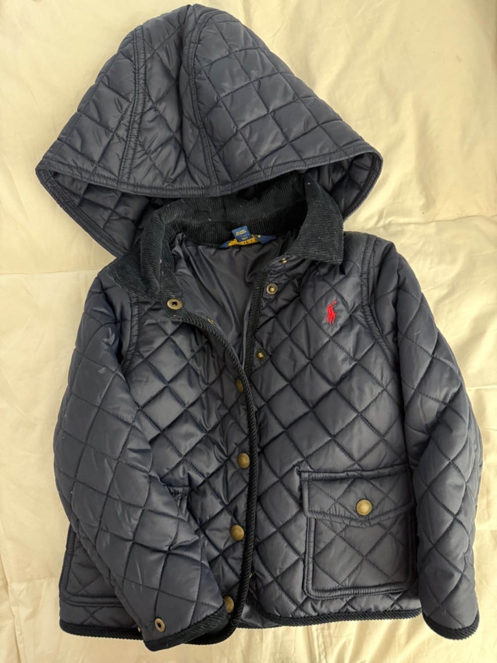 Ralph Lauren Quilted Hooded Puffer Jacket in Navy with Red Pony